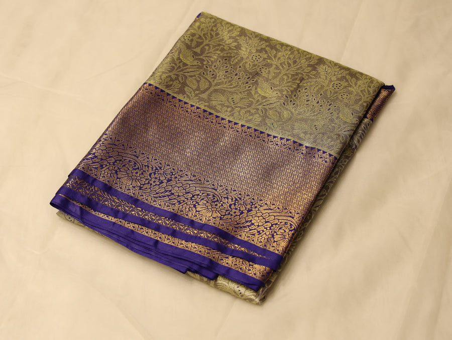 Olive Green Kanchipuram Inspired Semi Silk Saree with Medium Medium Contrast Border