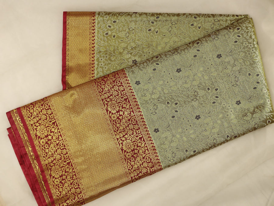Olive Green Kanchipuram Inspired Semi Silk Saree with Wide Wide Contrast Border