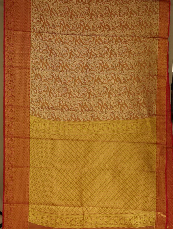 Burnt Orange Kanchipuram Inspired Semi Silk Saree with Wide Wide Contrast Border