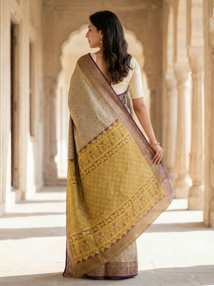 Champagne Gold Dharmavaram Inspired Semi Silk Saree with Medium Medium Contrast Border