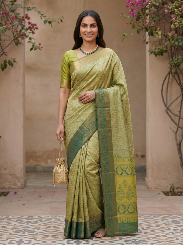Sage Green Uppada Inspired Semi Silk Saree with Medium Medium Contrast Border