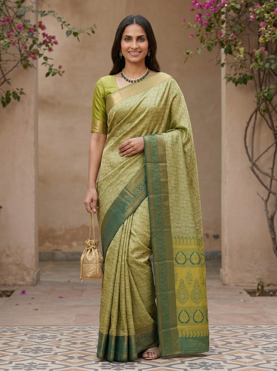 Sage Green Uppada Inspired Semi Silk Saree with Medium Medium Contrast Border