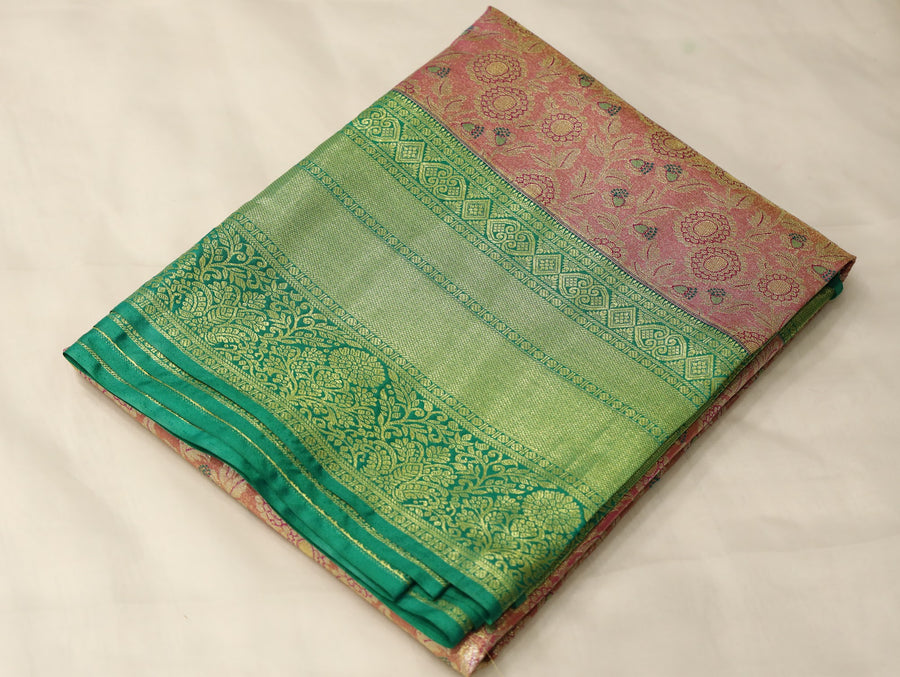 Sage Green Kanchipuram Inspired Semi Silk Saree with Medium Medium Contrast Border