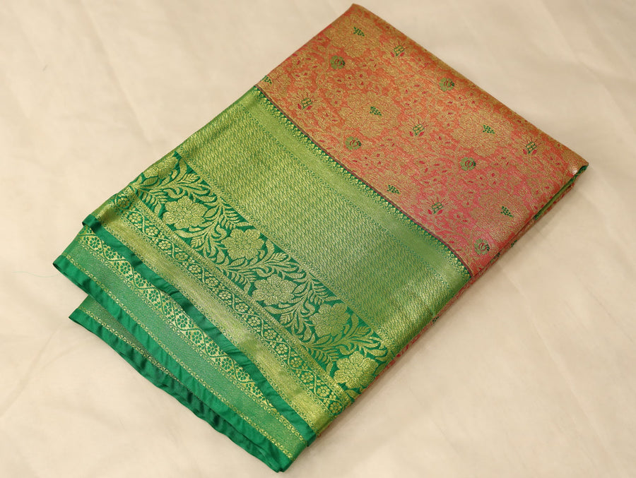 Dusty Peach Kanchipuram Inspired Semi Silk Saree with Wide Wide Contrast Border