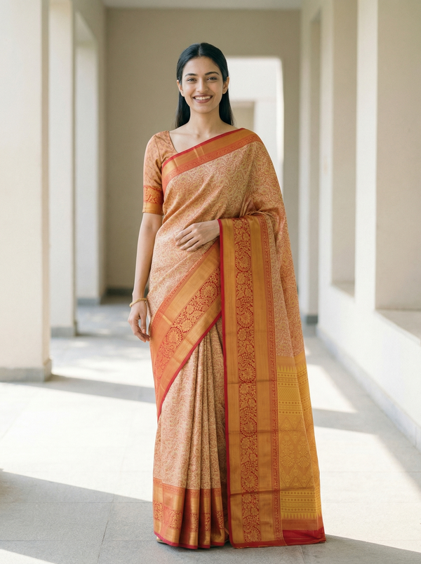 Champagne Gold Kanchipuram Inspired Semi Silk Saree with Medium Medium Contrast Border