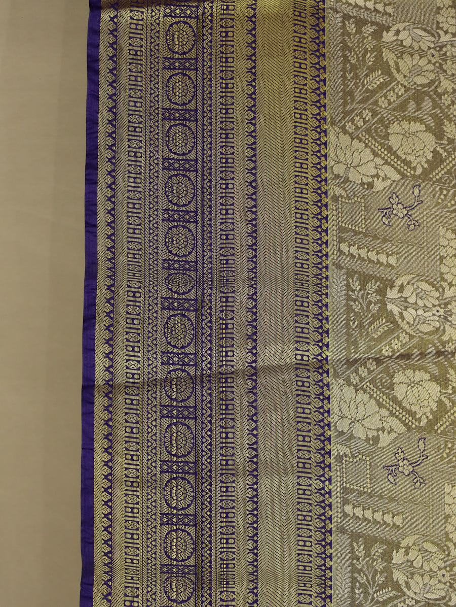 Chartreuse Gold Kanchipuram Inspired Semi Silk Saree with Medium Medium Contrast Border