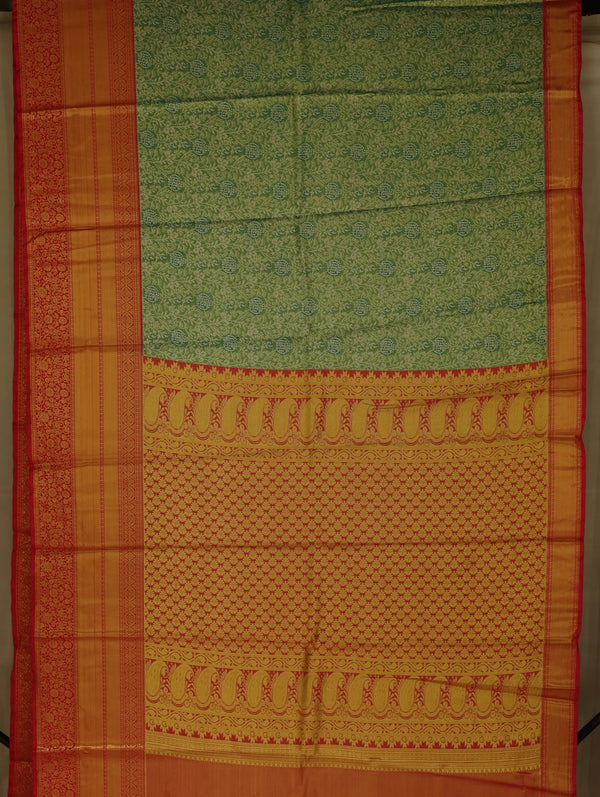 Sage Green Kanchipuram Inspired Semi Silk Saree with Wide Wide Contrast Border