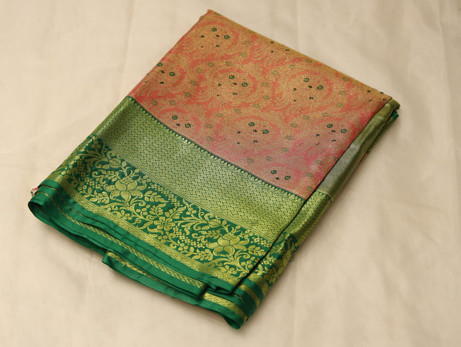 Peach Gold Kanchipuram Inspired Semi Silk Saree with Wide Wide Contrast Border