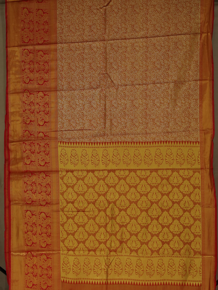 Sunset Orange Kanchipuram Inspired Semi Silk Saree with Medium Medium Contrast Border