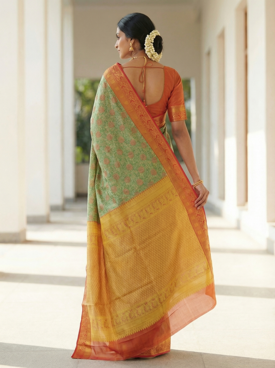 Mint Green Kanchipuram Inspired Semi Silk Saree with Wide Wide Contrast Border