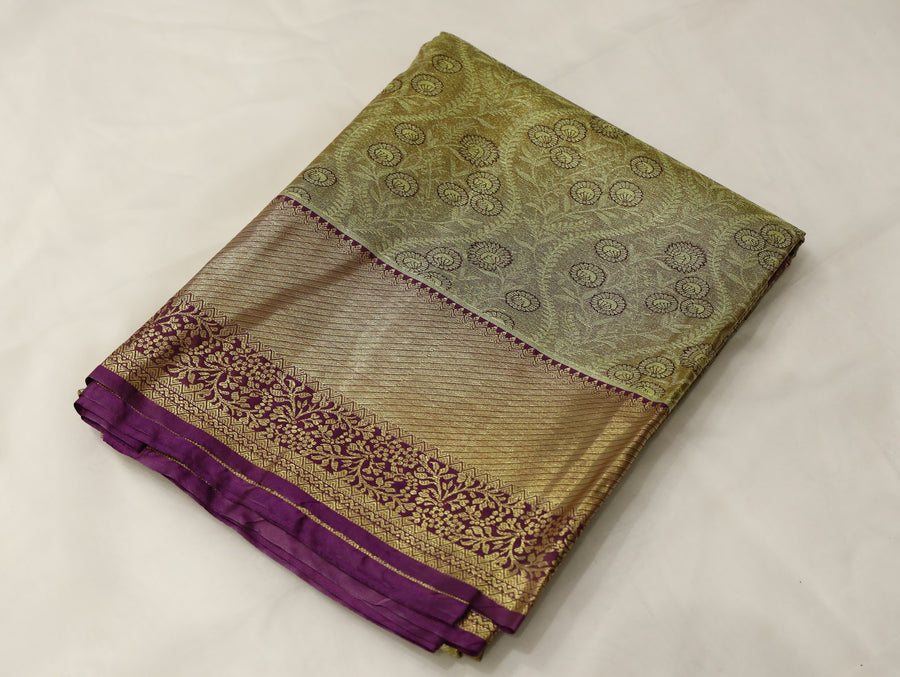 Olive Green Kanchipuram Inspired Semi Silk Saree with Medium Medium Contrast Border