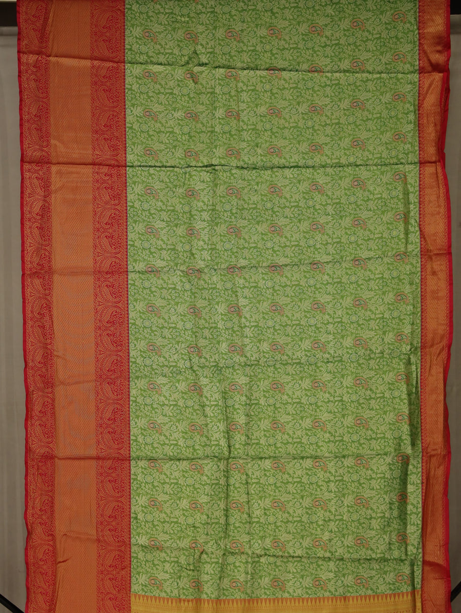 Lime Green Kanchipuram Inspired Semi Silk Saree with Wide Wide Contrast Border