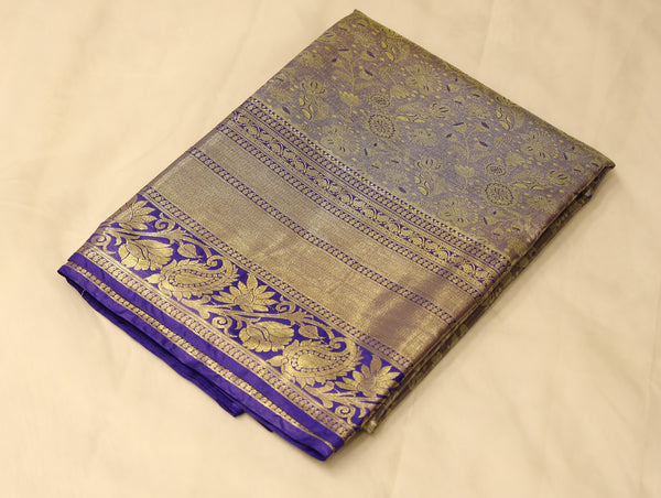 Muted Olive Green Kanchipuram Inspired Semi Silk Saree with Medium Medium Contrast Border