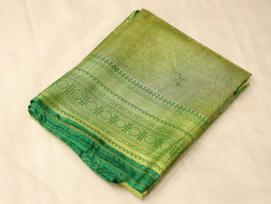 Lime Green Kanchipuram Inspired Semi Silk Saree with Wide Wide Contrast Border