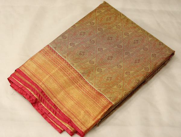 Champagne Gold Kanchipuram Inspired Semi Silk Saree with Wide Wide Contrast Border