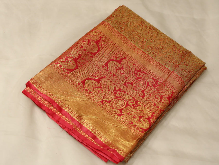 Sunset Orange Kanchipuram Inspired Semi Silk Saree with Medium Medium Contrast Border