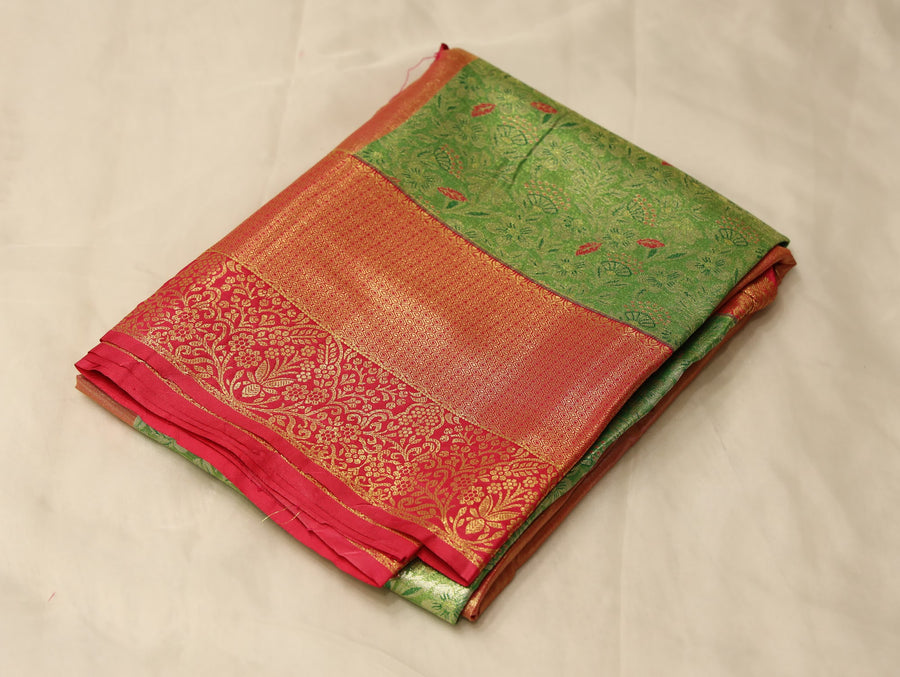 Sage Green Kanchipuram Inspired Semi Silk Saree with Wide Wide Contrast Border