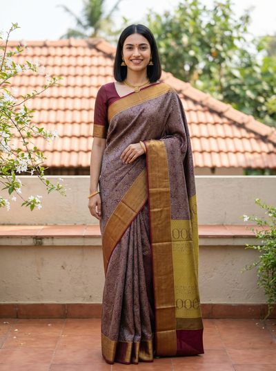 Aubergine Purple Kanchipuram Inspired Semi Silk Saree with Wide Wide Contrast Border