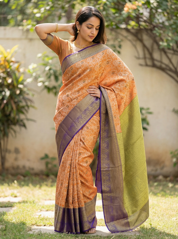 Burnt Orange Dharmavaram Inspired Semi Silk Saree with Wide Wide Contrast Border