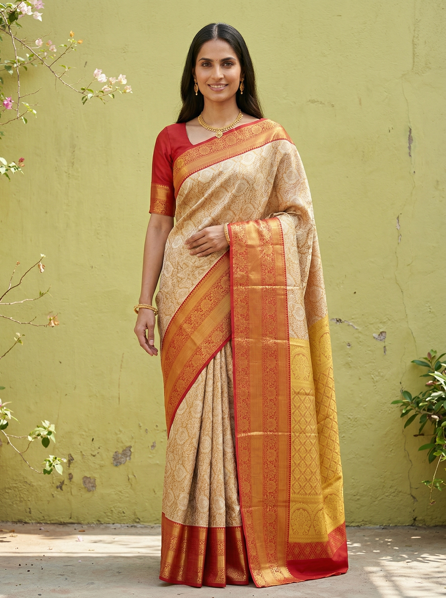 Champagne Gold Kanchipuram Inspired Semi Silk Saree with Wide Wide Contrast Border