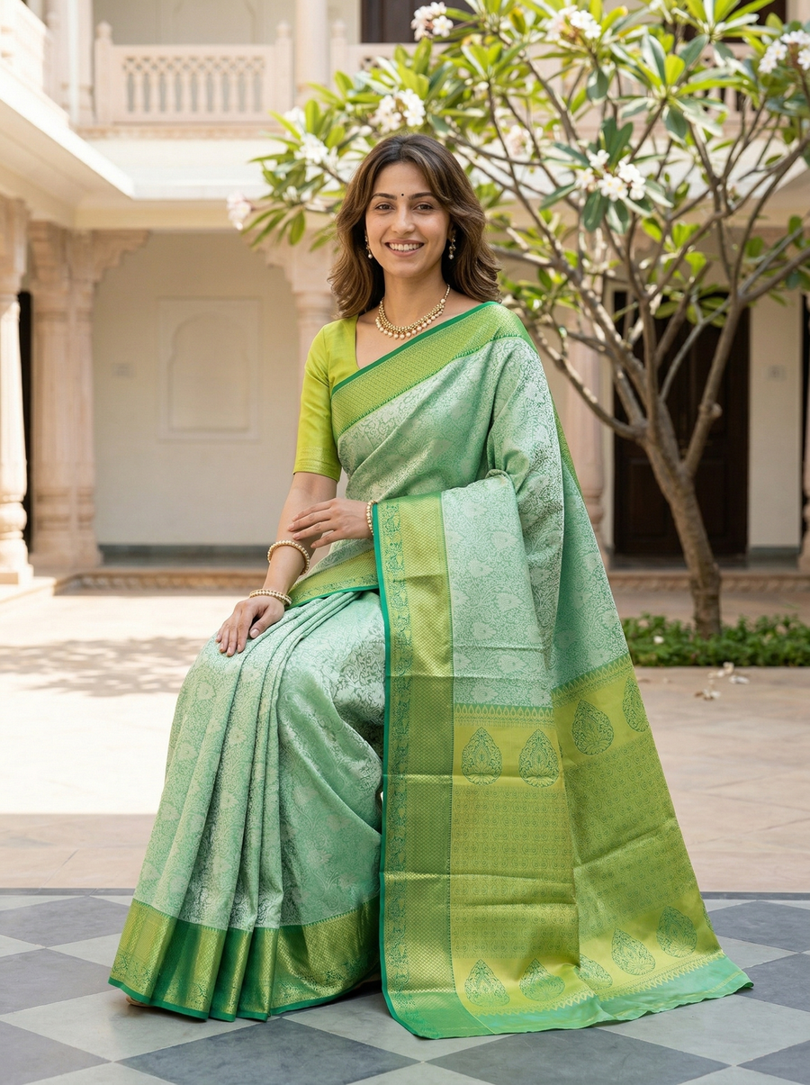 Mint Green Kanchipuram Inspired Semi Silk Saree with Wide Wide Contrast Border