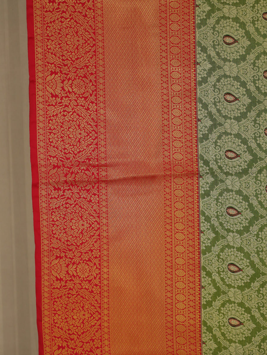 Sage Green Kanchipuram Inspired Semi Silk Saree with Wide Wide Contrast Border