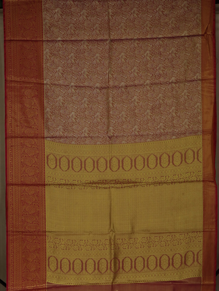 Champagne Gold Kanchipuram Inspired Semi Silk Saree with Narrow Narrow Contrast Border