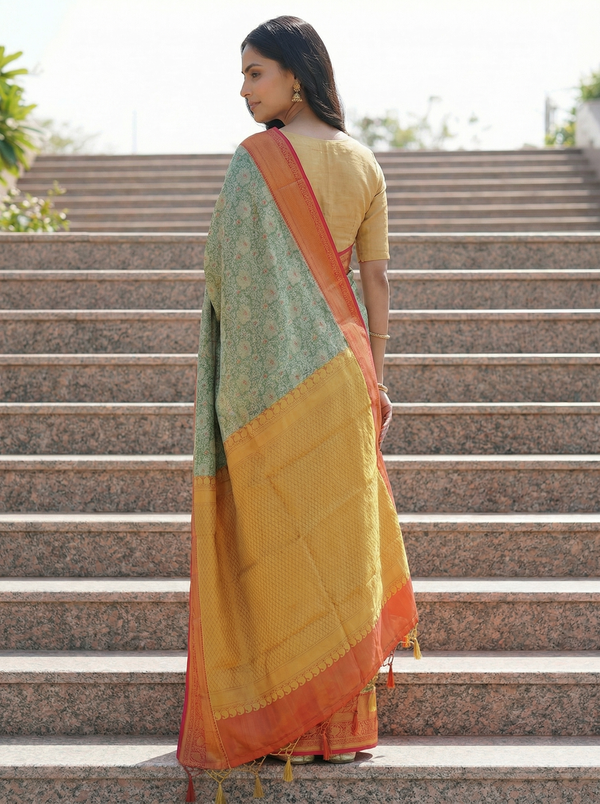 Sage Green Dharmavaram Inspired Semi Silk Saree with Wide Wide Contrast Border