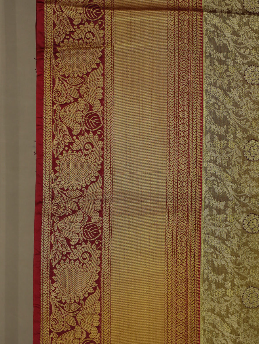 Olive Green Kanchipuram Inspired Semi Silk Saree with Wide Wide Contrast Border