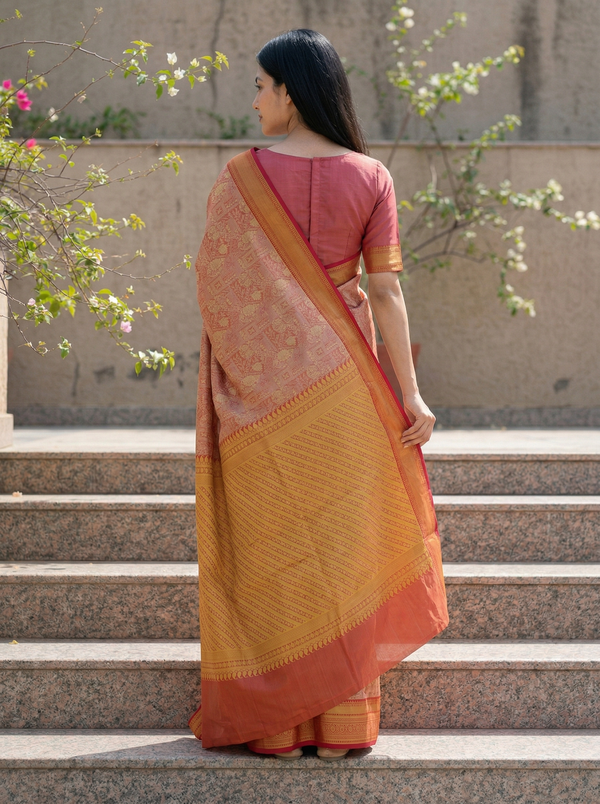 Burnt Sienna Dharmavaram Inspired Semi Silk Saree with Wide Wide Contrast Border