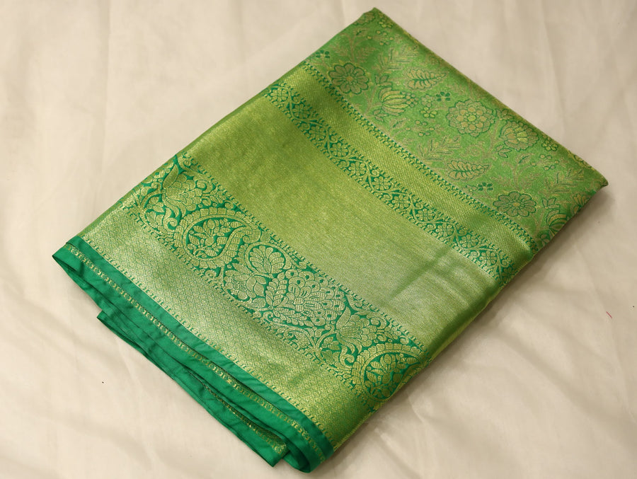 Lime Green Mysore Inspired Semi Silk Saree with Medium Medium Self Border