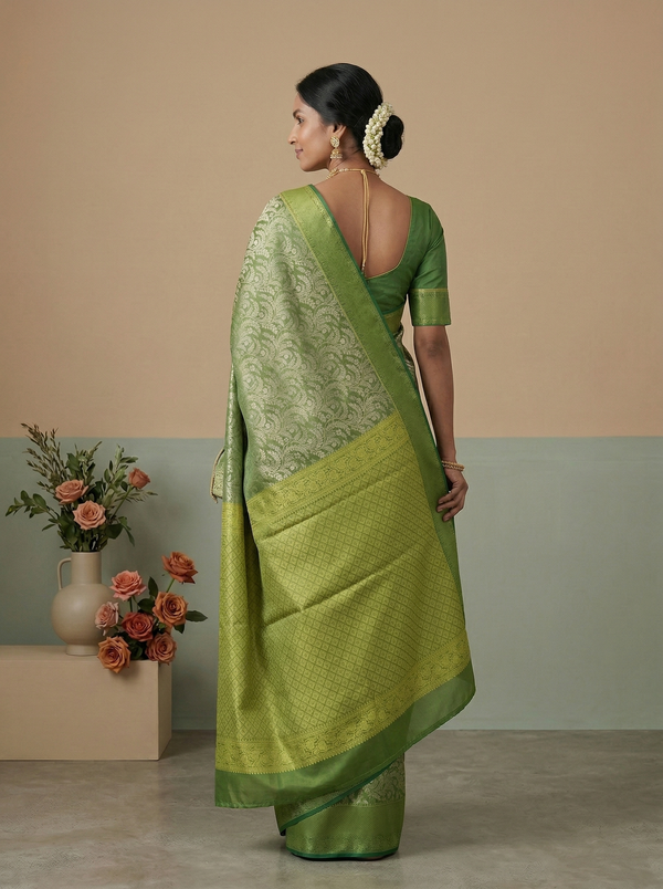 Olive Green Kanchipuram Inspired Semi Silk Saree with Wide Wide Self Border