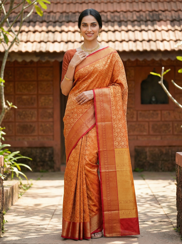 Burnt Orange Kanchipuram Inspired Semi Silk Saree with Medium Medium Contrast Border