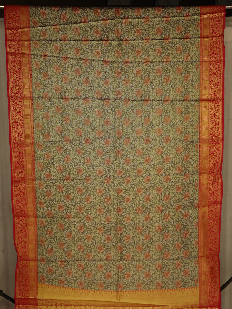 Sage Green Kanchipuram Inspired Semi Silk Saree with Wide Wide Contrast Border