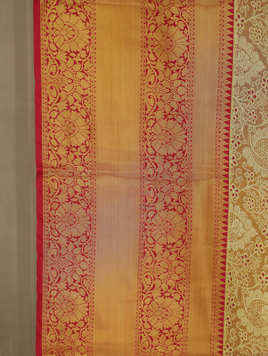 Champagne Gold Kanchipuram Inspired Semi Silk Saree with Wide Wide Contrast Border