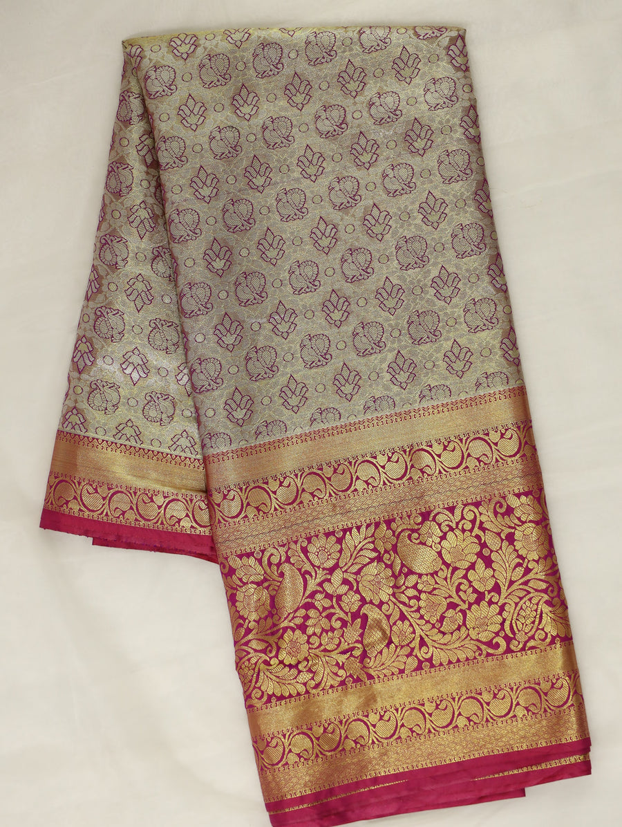 Champagne Gold Dharmavaram Inspired Semi Silk Saree with Wide Wide Contrast Border