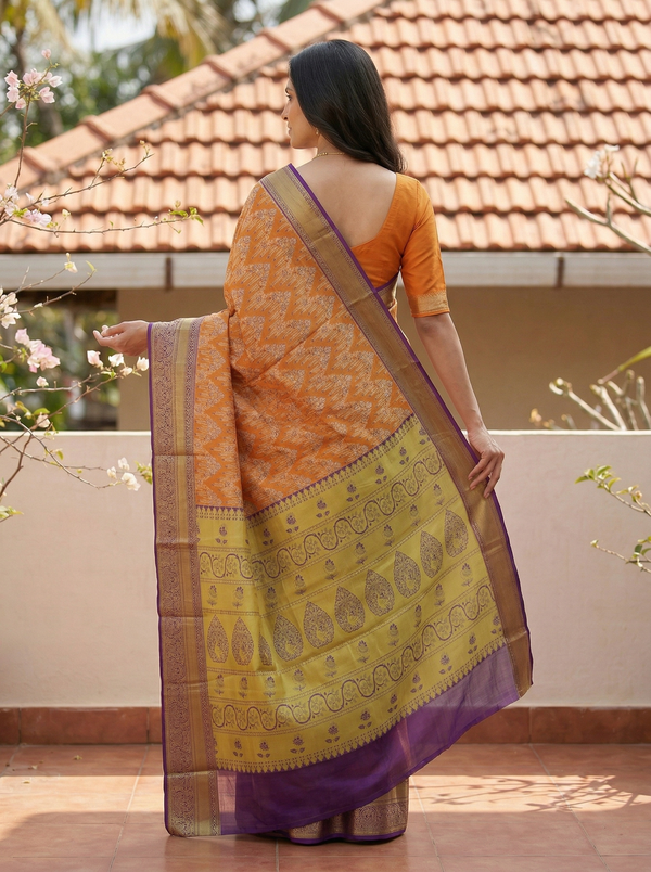 Burnt Orange Dharmavaram Inspired Semi Silk Saree with Wide Wide Contrast Border
