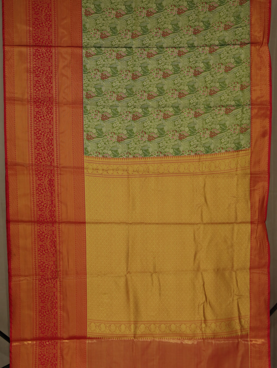 Sage Green Kanchipuram Inspired Semi Silk Saree with Wide Wide Contrast Border