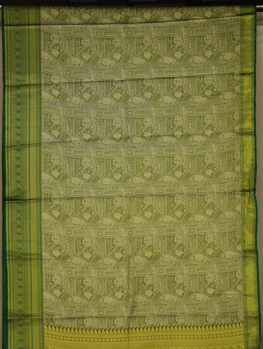 Olive Green Kanchipuram Inspired Semi Silk Saree with Medium Medium Contrast Border