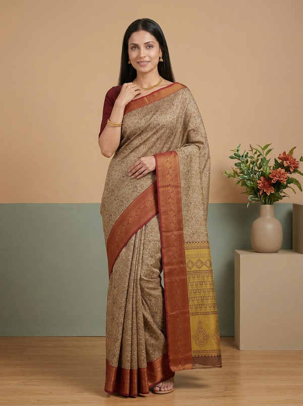 Antique Gold Dharmavaram Inspired Semi Silk Saree with Medium Medium Contrast Border