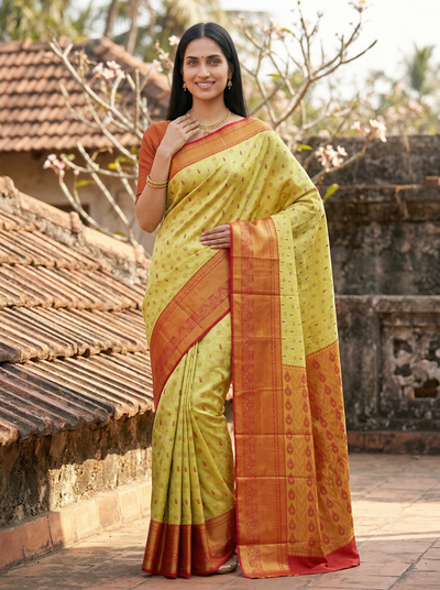 Sunshine Yellow Mysore Inspired Semi Silk Saree with Wide Wide Contrast Border