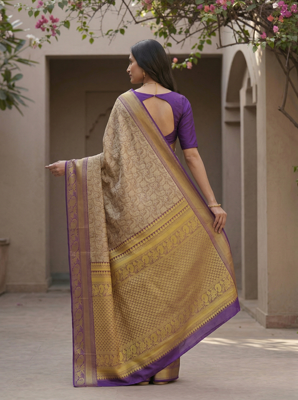 Champagne Gold Dharmavaram Inspired Semi Silk Saree with Wide Wide Contrast Border