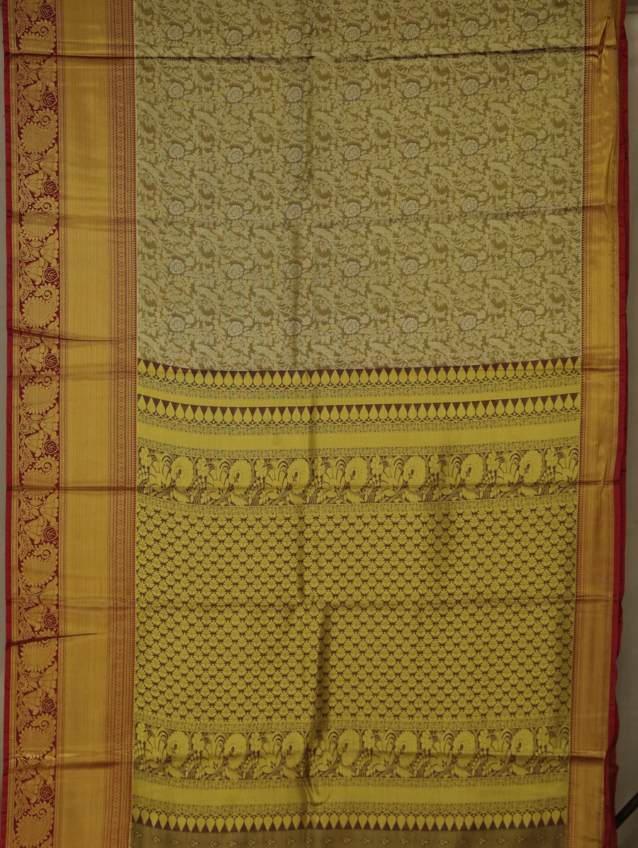 Olive Green Kanchipuram Inspired Semi Silk Saree with Wide Wide Contrast Border
