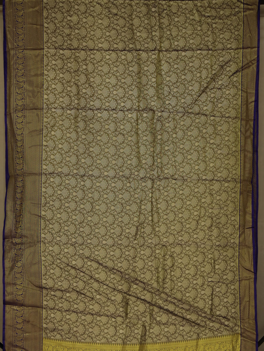 Olive Green Kanchipuram Inspired Semi Silk Saree with Wide Wide Contrast Border