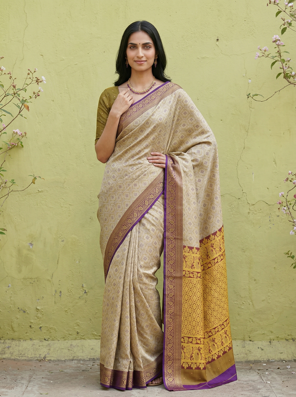 Champagne Gold Dharmavaram Inspired Semi Silk Saree with Wide Wide Contrast Border
