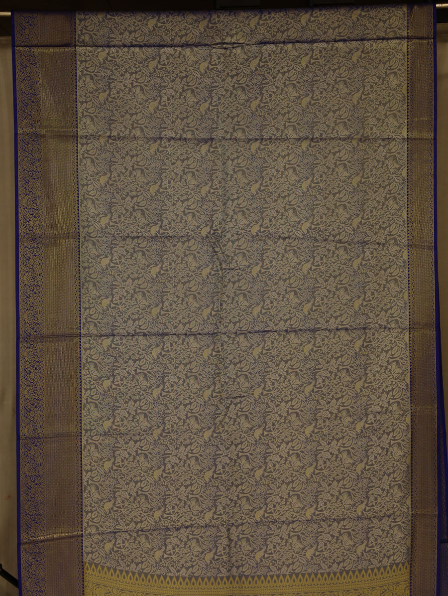 Silvery Grey Kanchipuram Inspired Semi Silk Saree with Wide Wide Contrast Border