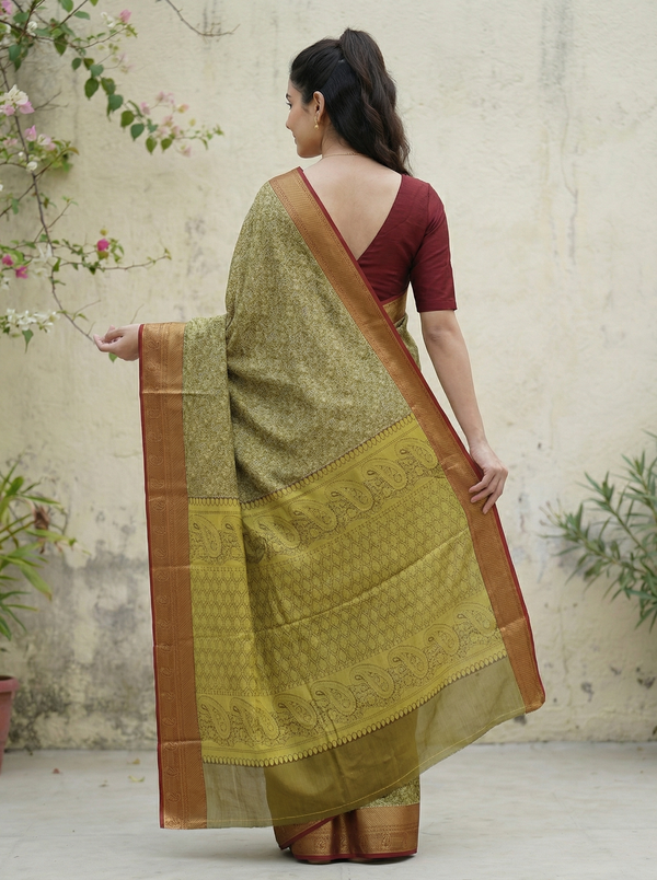 Olive Green Dharmavaram Inspired Semi Silk Saree with Wide Wide Contrast Border