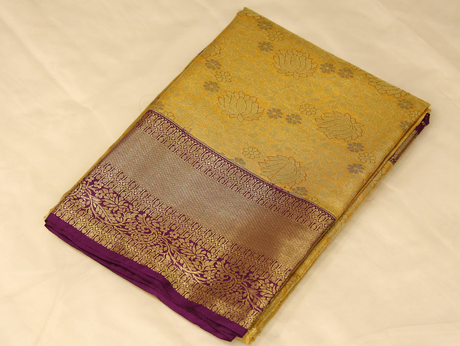 Champagne Gold Kanchipuram Inspired Semi Silk Saree with Wide Wide Contrast Border