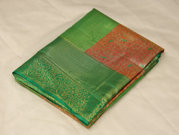 Burnt Orange Kanchipuram Inspired Semi Silk Saree with Wide Medium Contrast Border
