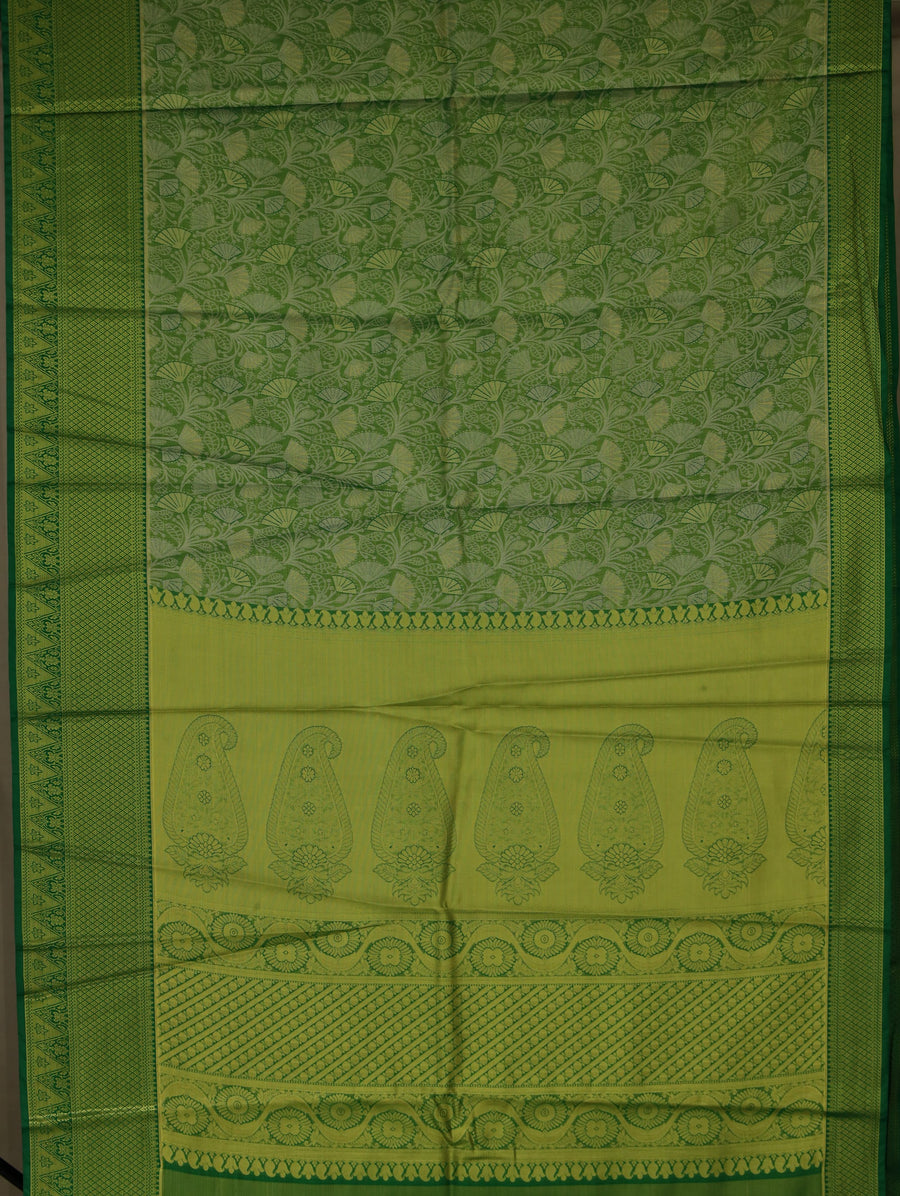 Olive Green Mysore Inspired Semi Silk Saree with Wide Wide Self Border